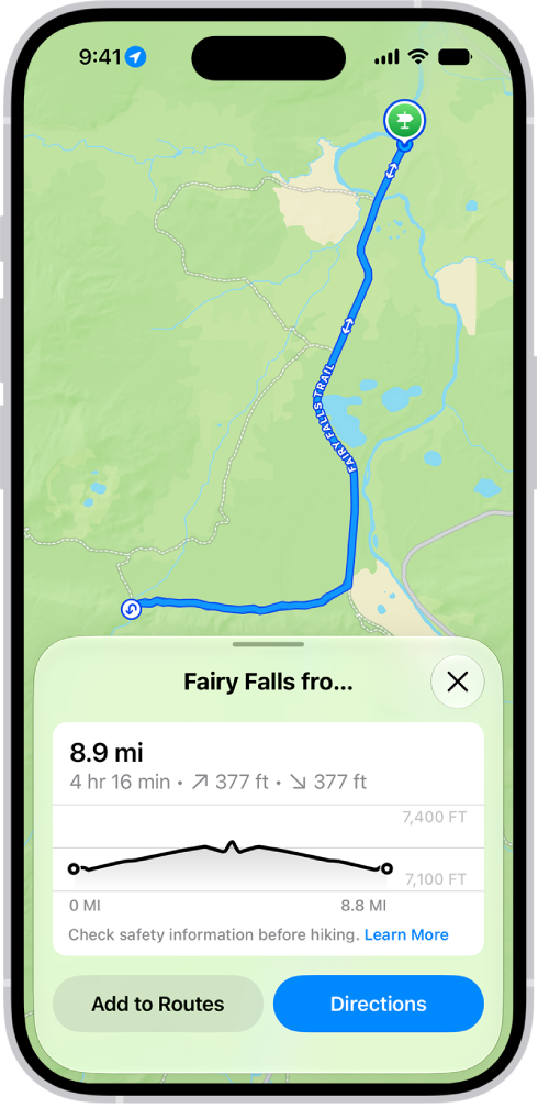 An overview of a downloadable hike, with distance, elevation profile, estimated time, and options to save or get directions to the start of the hike.