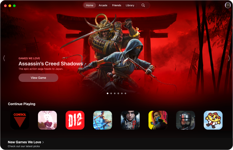 L’app Apple&nbsp;Games con visualizzato il pannello Home. Lo schermo mostra le illustrazioni promozionali del gioco Assassin’s Creed Shadows con una sezione “Continua a giocare”.