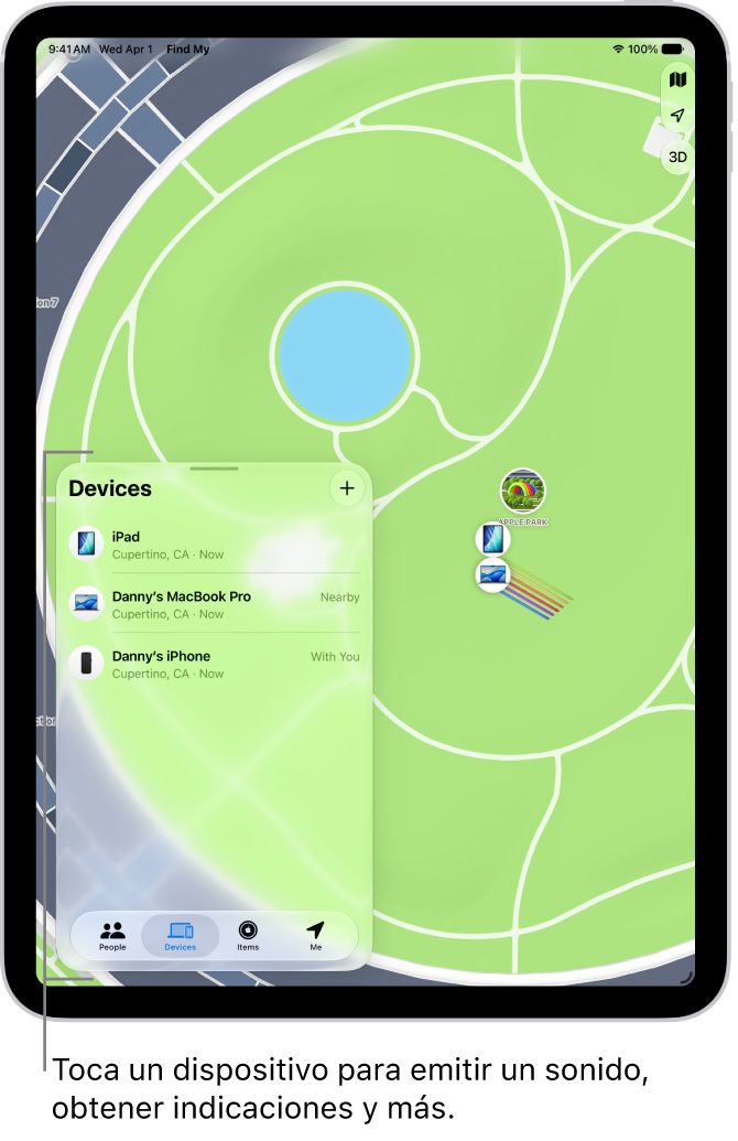 La pantalla de Encontrar abierta mostrando la lista Dispositivos. Los dispositivos que aparecen en la lista incluyen el iPad de Alberto, el iPhone de Alberto, el Apple&nbsp;Watch de Alberto y los AirPods&nbsp;Pro de Alberto. Sus ubicaciones se muestran en un mapa de Santa&nbsp;Cruz.