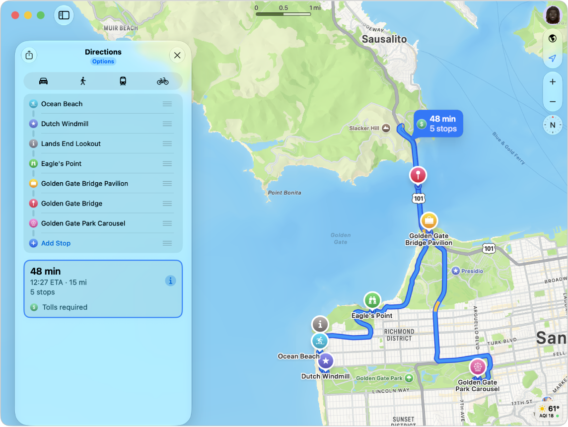 A map of San Francisco showing a route with multiple stops.