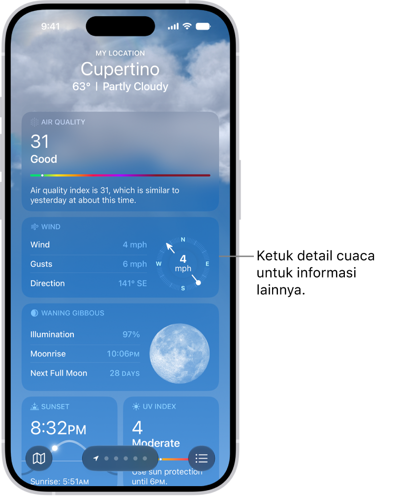 App Cuaca menampilkan detail cuaca untuk suatu lokasi.