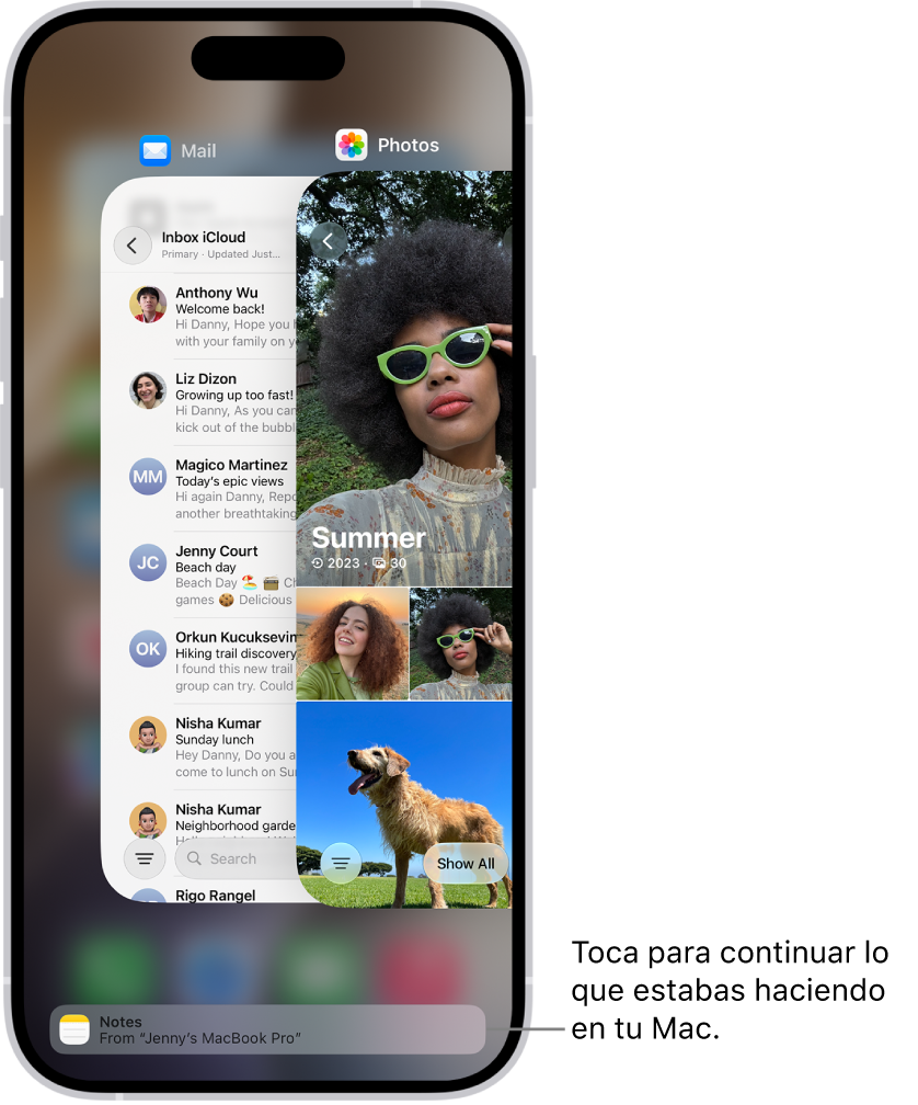 El selector de apps en el iPhone mostrando una notificación de Handoff en la parte inferior de la pantalla.