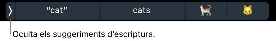 Suggeriments d’escriptura que mostren paraules i emojis, i el botó de l’esquerra per ocultar els suggeriments d’escriptura.