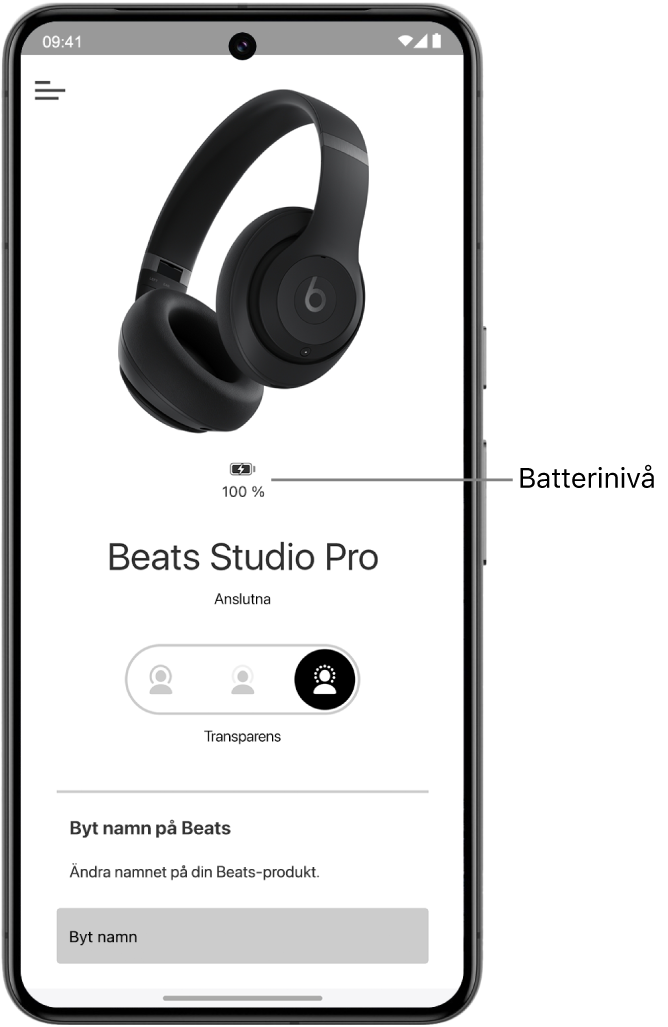 Enhetsskärmen i Beats-appen visar batterinivån för anslutna Beats&nbsp;Solo&nbsp;4-hörlurar.