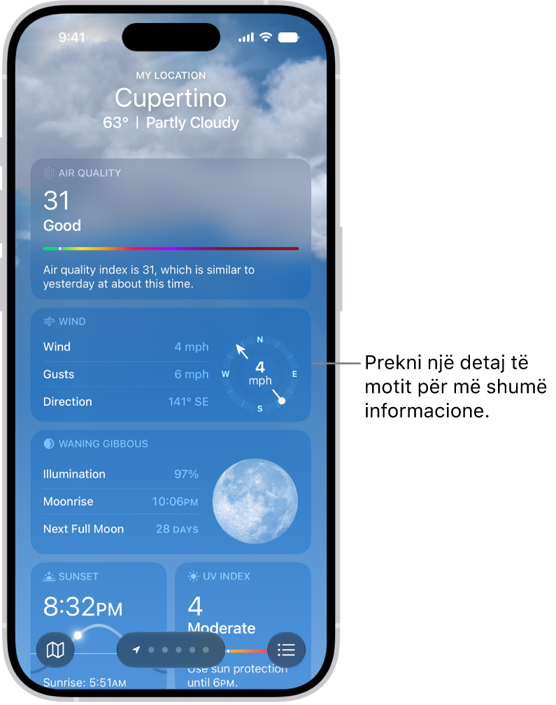 Aplikacioni Weather duke shfaqur detajet e motit për një vendndodhje.