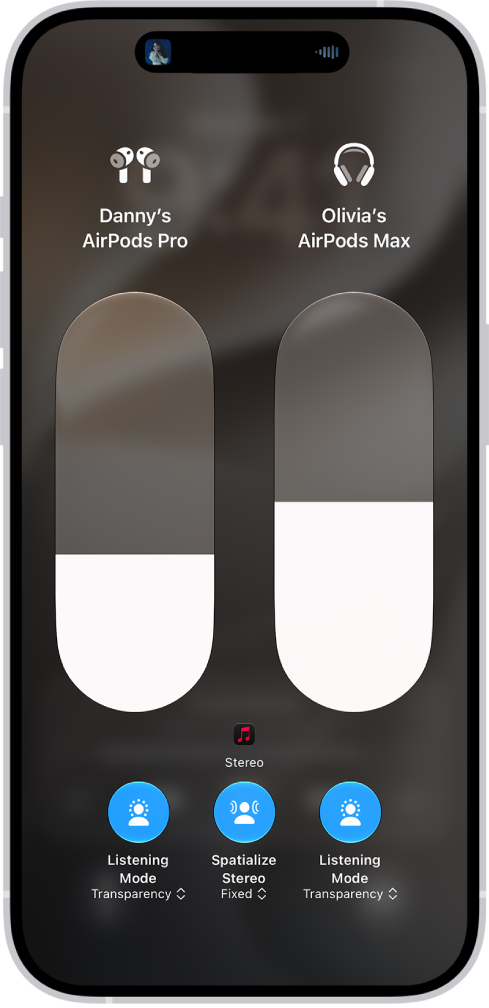 The volume screen in Control Center showing the volume level for two pairs of AirPods. Below the volume indicator on the left is the Listening Mode button, indicating that Transparency mode is on. Below the volume indicator on the right is the Listening Mode button, indicating that Transparency mode is on.