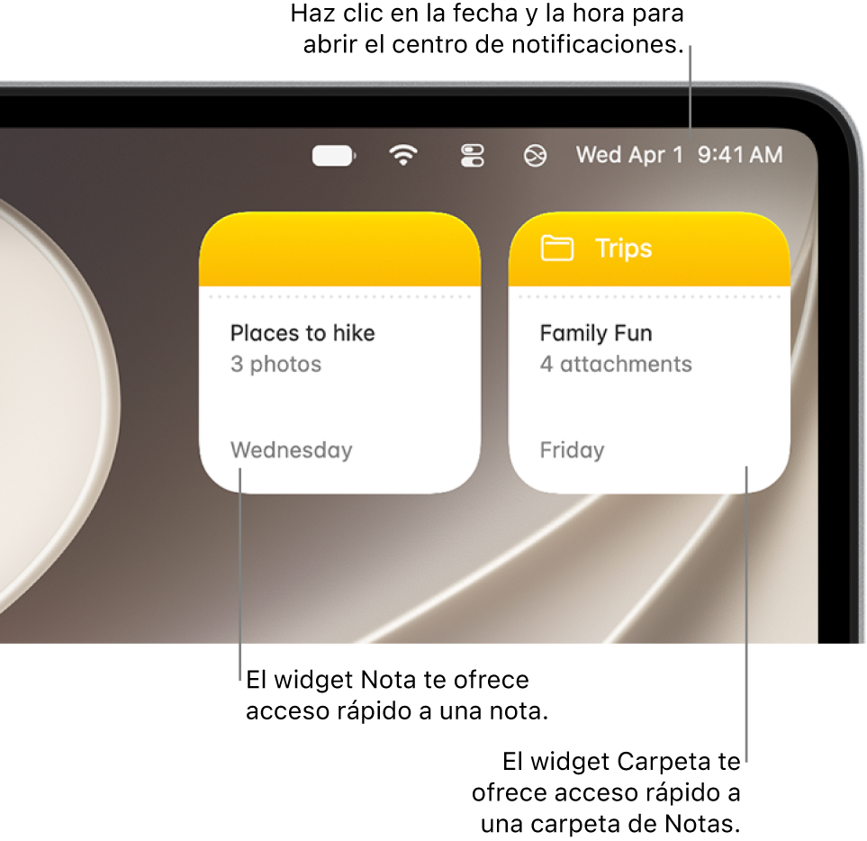 Dos widgets de Notas: el widget Carpeta muestra una carpeta en Notas y el widget Nota muestra una nota. Haz clic en la fecha y la hora de la barra de menús para abrir el centro de notificaciones.