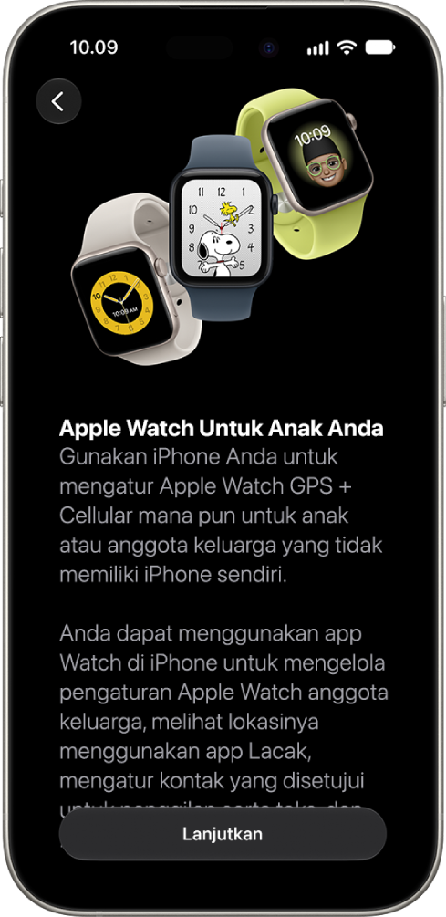 Layar Atur Apple Watch untuk Anak Anda yang menampilkan pilihan untuk melanjutkan pengaturan.