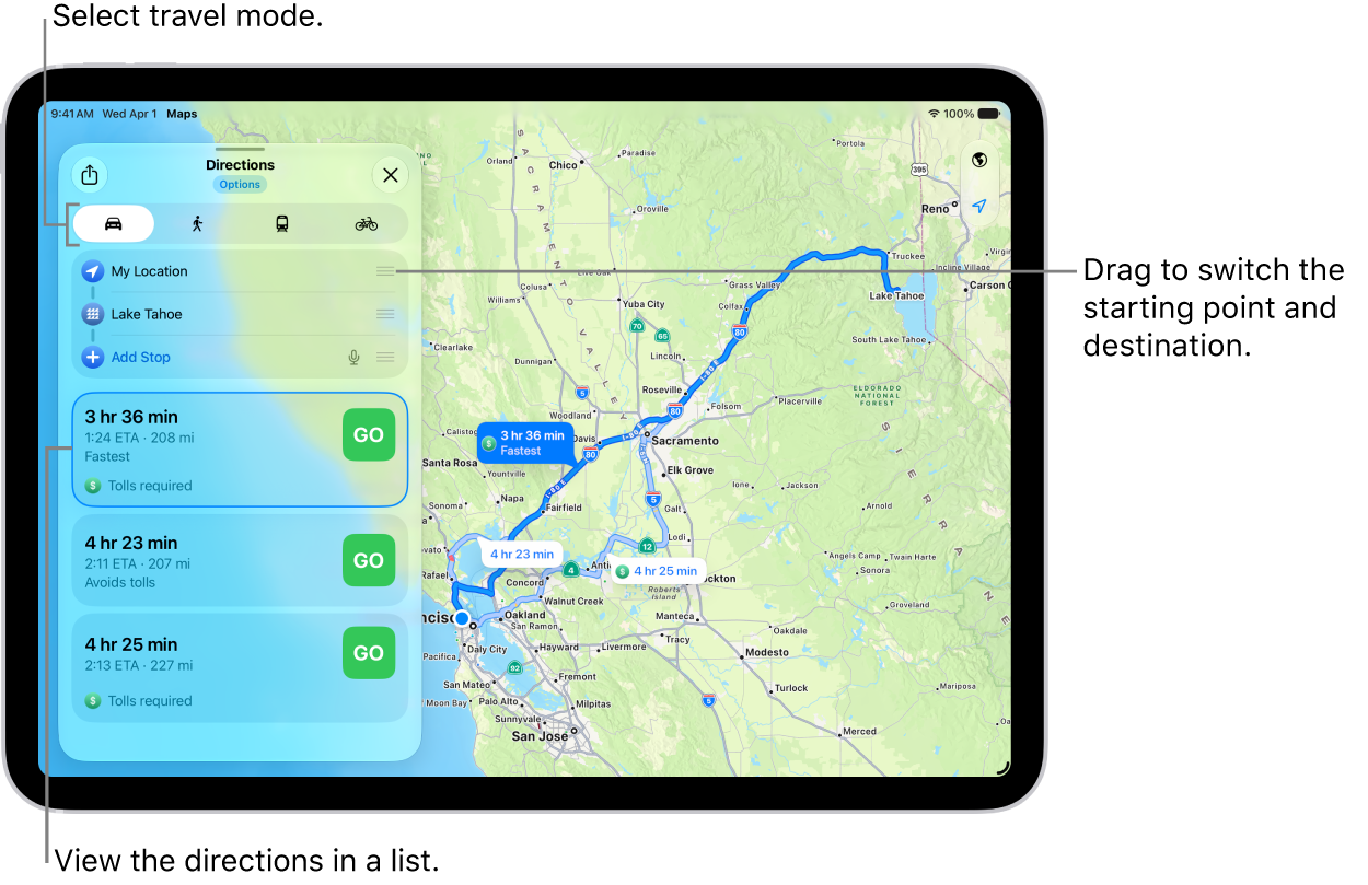 A map with several possible routes for driving directions between My Location and a destination.