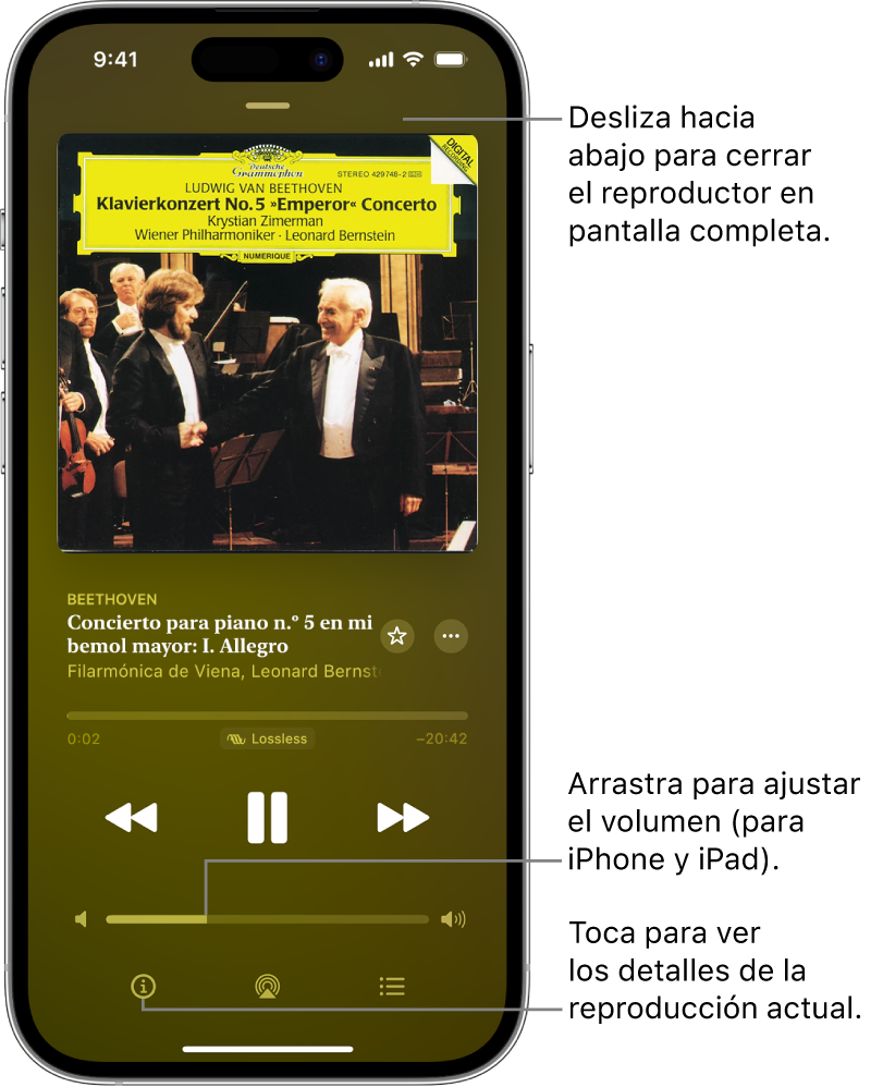 Un iPhone mostrando la pantalla En reproducción en la app Clásica. En la parte superior de la pantalla hay una barra gris que puedes tocar para ocultar la pantalla En reproducción, y volver a mostrar el minirreproductor. Debajo de la barra está la ilustración del álbum, el nombre de la obra y la línea del tiempo, que indica la duración de la pieza y cuánto tiempo ha transcurrido. En la parte inferior de la pantalla están los botones Retroceder, Pausar y Avanzar, el control de volumen, así como los botones Información, AirPlay y Siguiente.