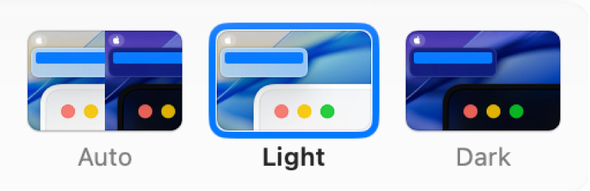 From left to right, samples of the Light, Dark, and Auto options shown in Appearance settings.