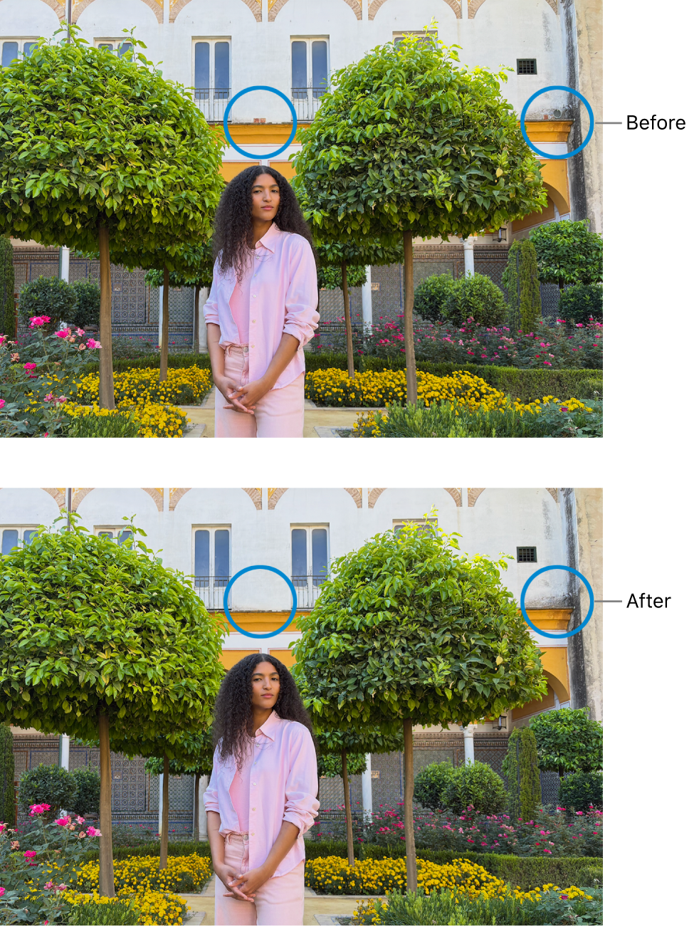 A photo showing imperfections on a building, and the same photo after retouching.