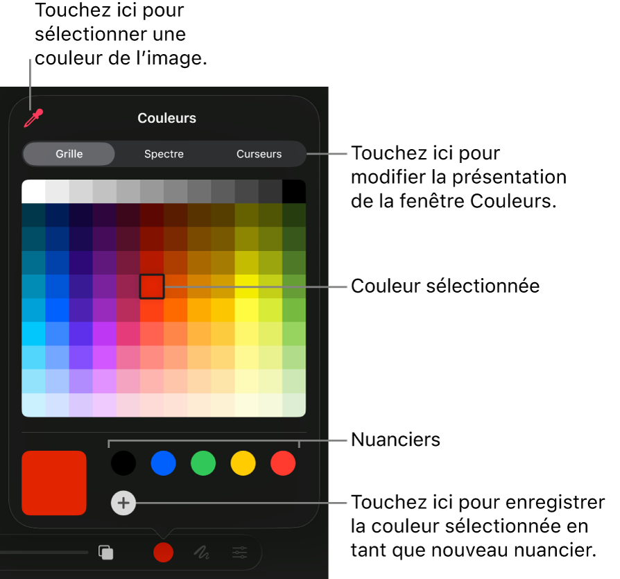 La zone de dialogue Couleurs affichant les commandes de couleur courantes.