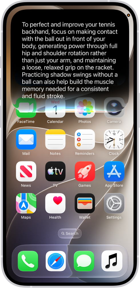 An iPhone showing Siri answering a request about how to improve a tennis backhand.