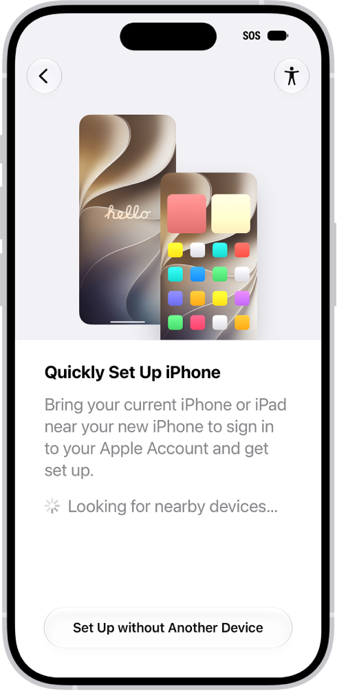 La pantalla de inicio rápido con opciones para configurar el iPhone acercándolo a otro iPhone o iPad, o para configurarlo sin otro dispositivo.