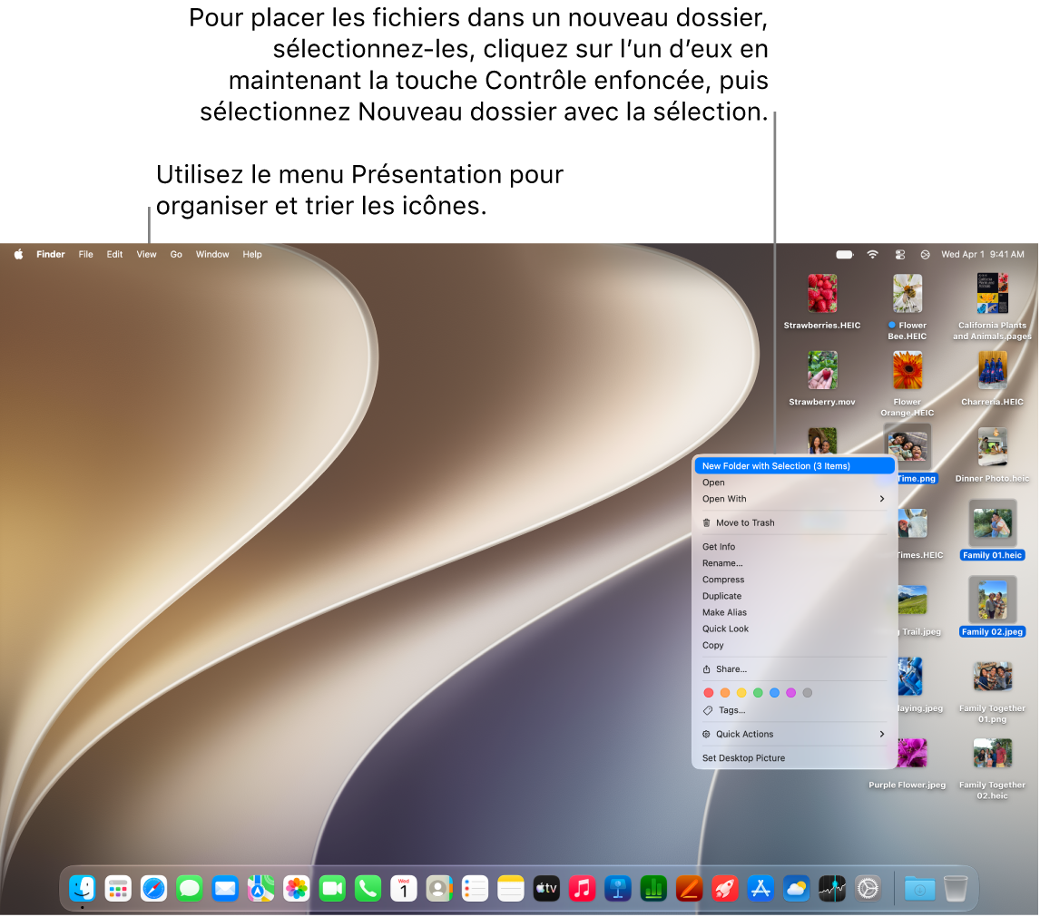 Le bureau du Mac qui affiche le fond d’écran, la barre des menus en haut, et le Dock au bas.