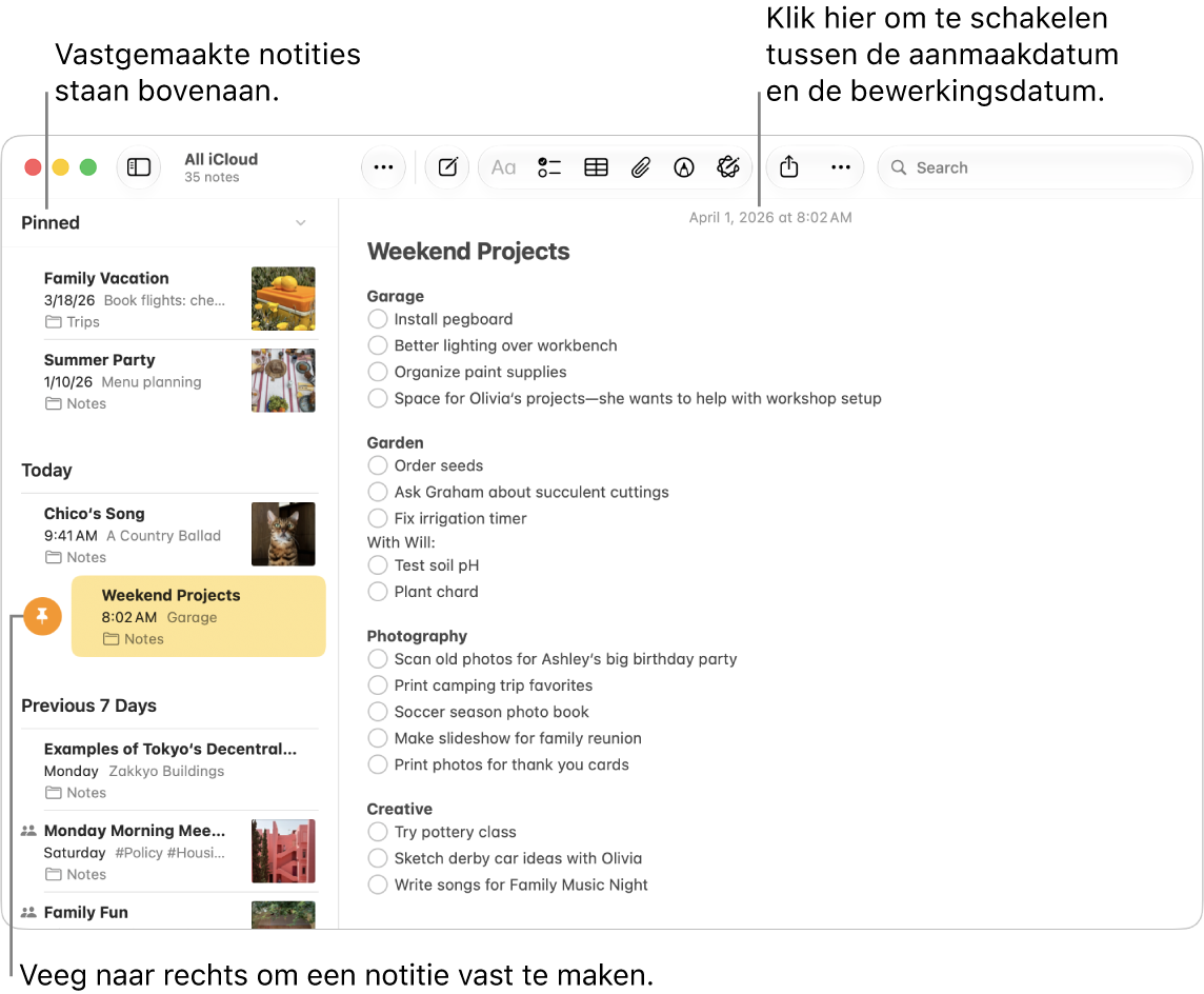 Een venster van de app Notities op de Mac met links de lijst met notities, vastgemaakte notities boven aan de lijst en de vastmaakknop op een notitie. De inhoud van die notitie wordt aan de rechterkant weergegeven met de datum bovenaan. Klik op de datum om te wisselen tussen de aanmaakdatum en de bewerkingsdatum.
