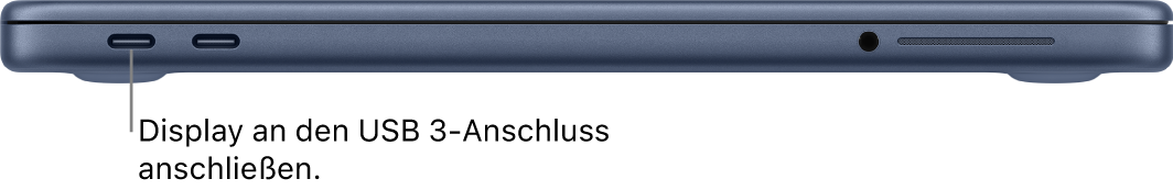 Der USB&nbsp;3-Anschluss eines MacBook&nbsp;Neo mit der Anleitung zum Anschließen eines Displays an den USB&nbsp;3-Anschluss.
