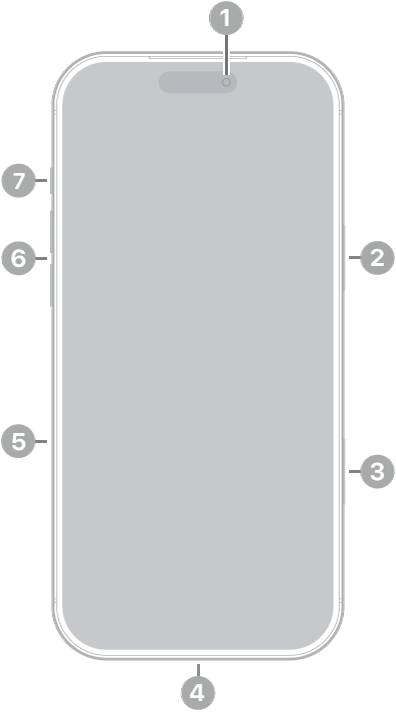 The front view of iPhone&nbsp;17&nbsp;Pro&nbsp;Max. The front camera is at the top center. The side button is on the right side. The USB-C connector is on the bottom. On the left side, from bottom to top, are the SIM tray, the volume buttons, and the Action button.