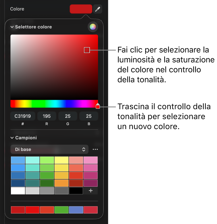 Il selettore colore, con i comandi per modificare la saturazione e la tonalità di un colore.