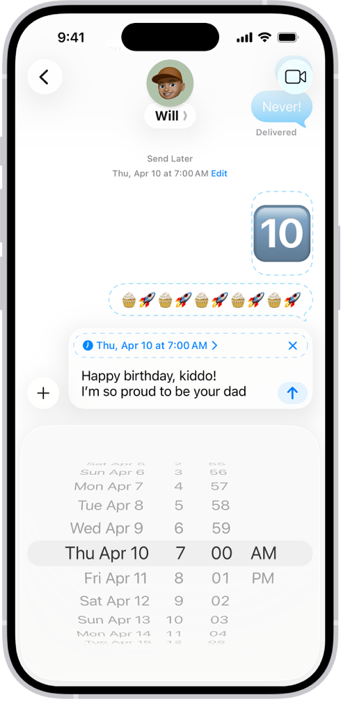 Une conversation Messages avec des messages programmés pour être envoyés ultérieurement.