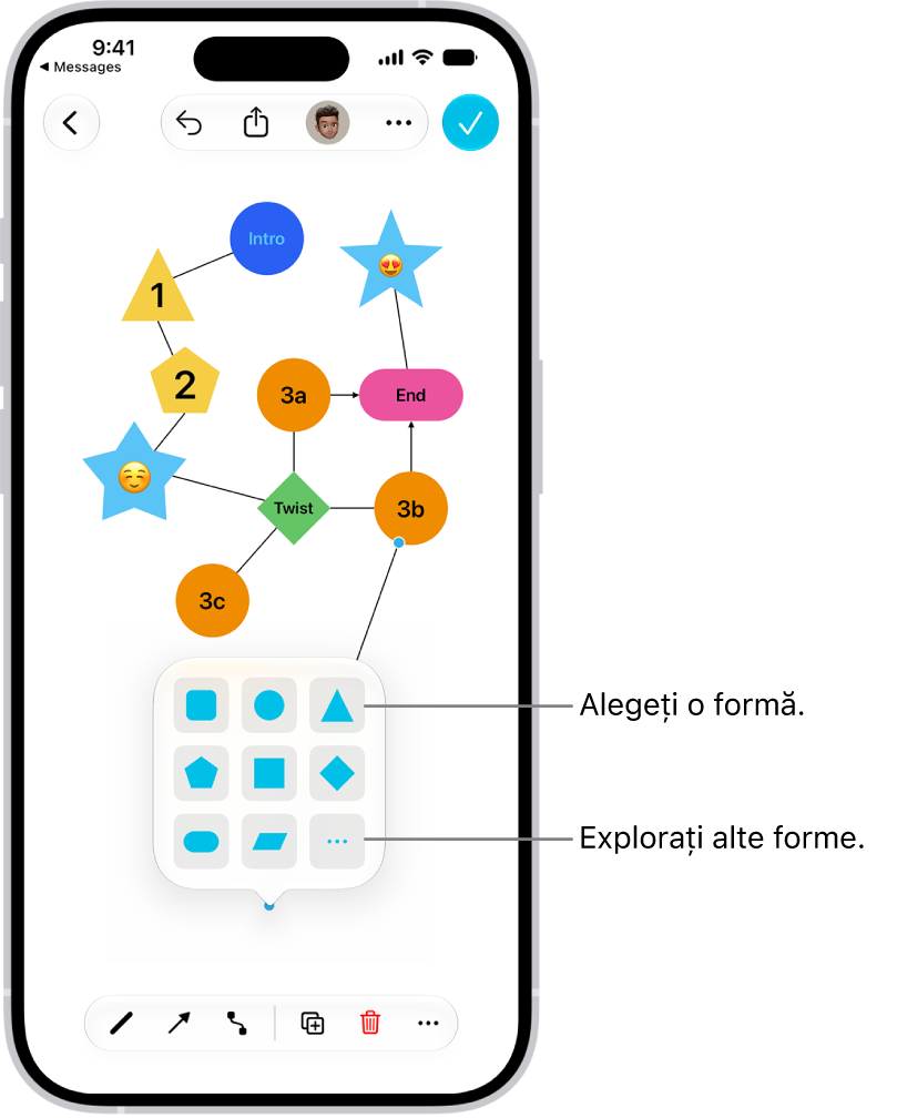 O diagramă dintr-un panou Freeform cu o formă nouă în curs de adăugare.