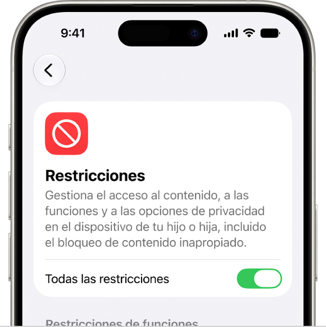 Pantalla de restricciones de contenido y privacidad.