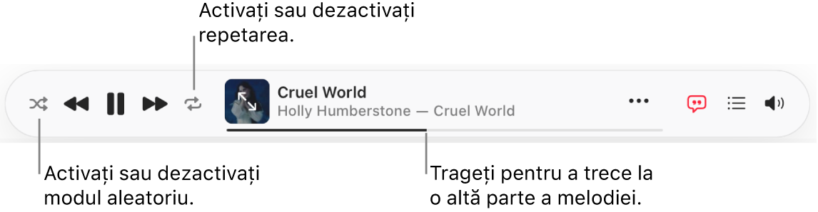 Partea de sus din Apple&nbsp;Music cu o melodie în redare. Comenzile de redare se află în capătul din stânga.