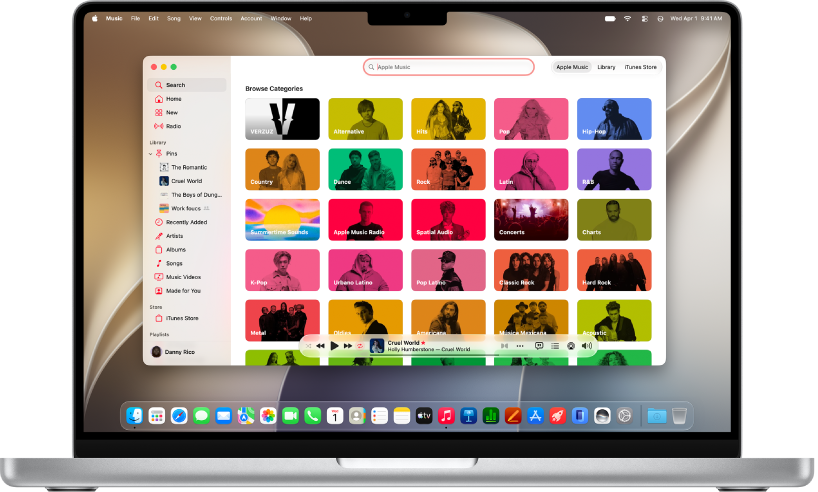 The Apple Music window showing the search field and category tiles.