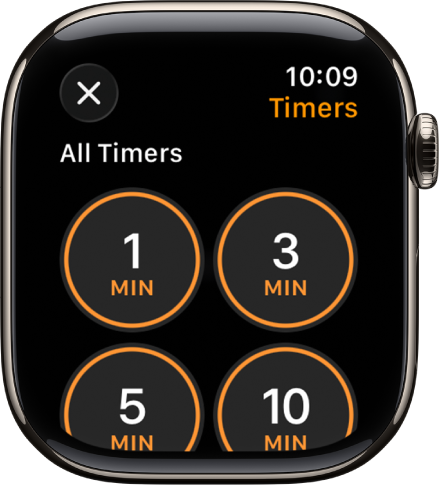 Het scherm van de Timer-app, met de knop met het plusteken om een nieuwe timer aan te maken en timers voor 1, 3, 5 of 10&nbsp;minuten.