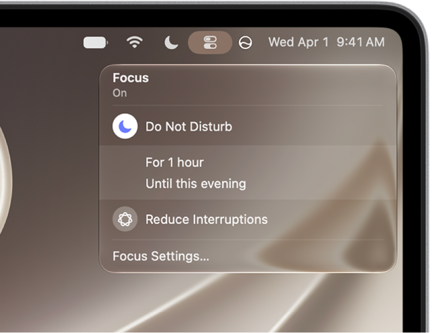 The Focus status menu open to show the Focus list, including Personal and Work. Do Not Disturb is at the top of the list and is on for one hour.