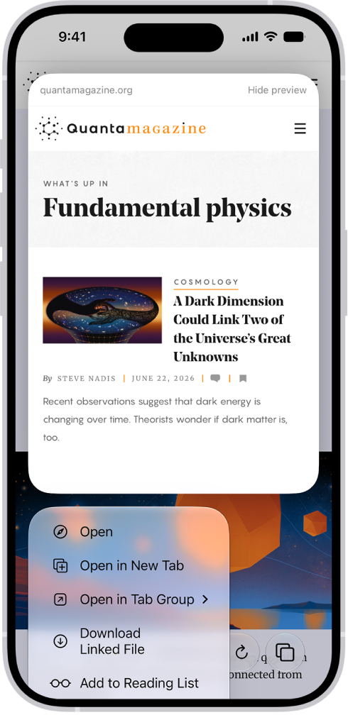 A preview of a website followed by a list of possible actions: Open, Open in New Tab, Open in Tab&nbsp;Group, Download Linked File, and Add to Reading List.