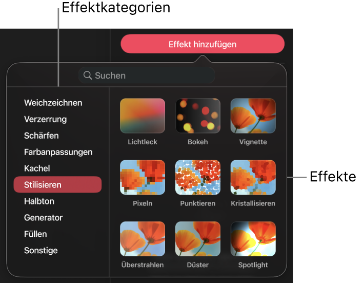 Der geöffnete Effekt-Browser, der Miniaturen verschiedener Effektkategorien und Voreinstellungen der aktuellen Kategorie anzeigt, die auf die ausgewählte Ebene angewendet werden können.