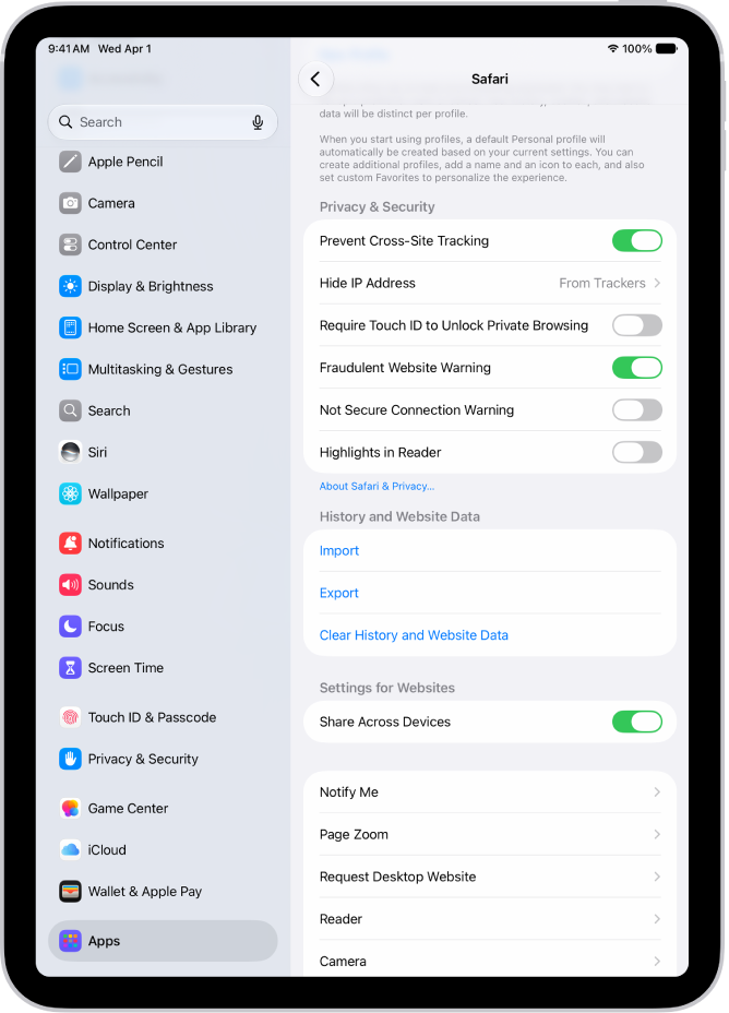 The Not Secure Connection Warning control, located below Privacy & Security on the Safari screen in Settings.