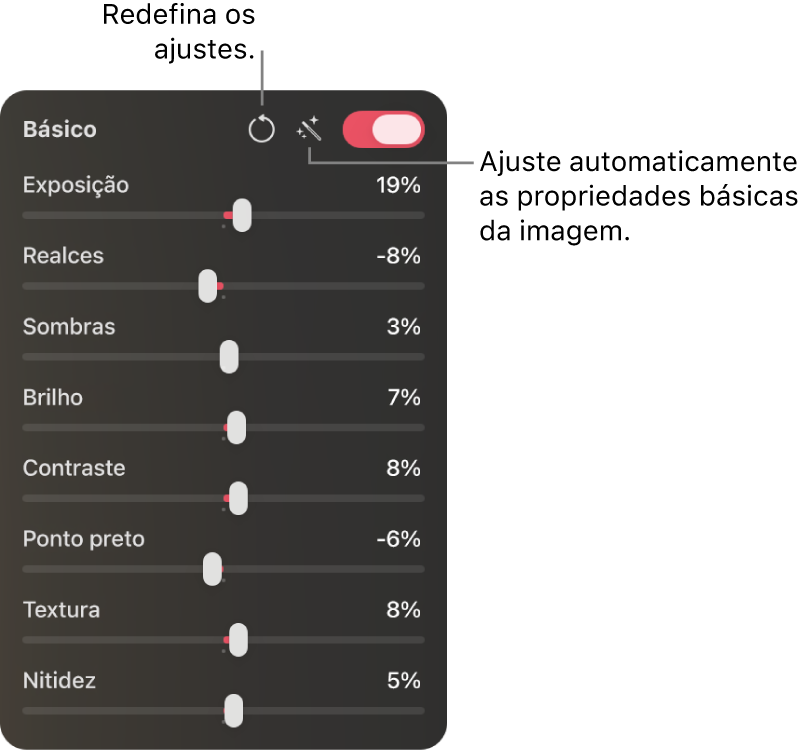 Seção Básica do painel Ajustes de Cor mostrando controles deslizantes para Exposição, Altas-luzes, Sombras, Brilho e outros.