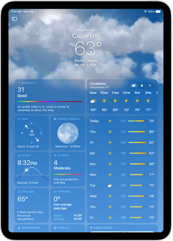 The Weather screen showing the location at the top, and below it the current temperature and weather condition. The rest of the screen contains weather details including UV index, wind, and precipitation.