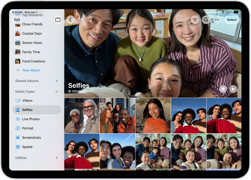 Media Types is open in the Photos app, showing collections of videos, selfies, Live Photos, portraits, and more.