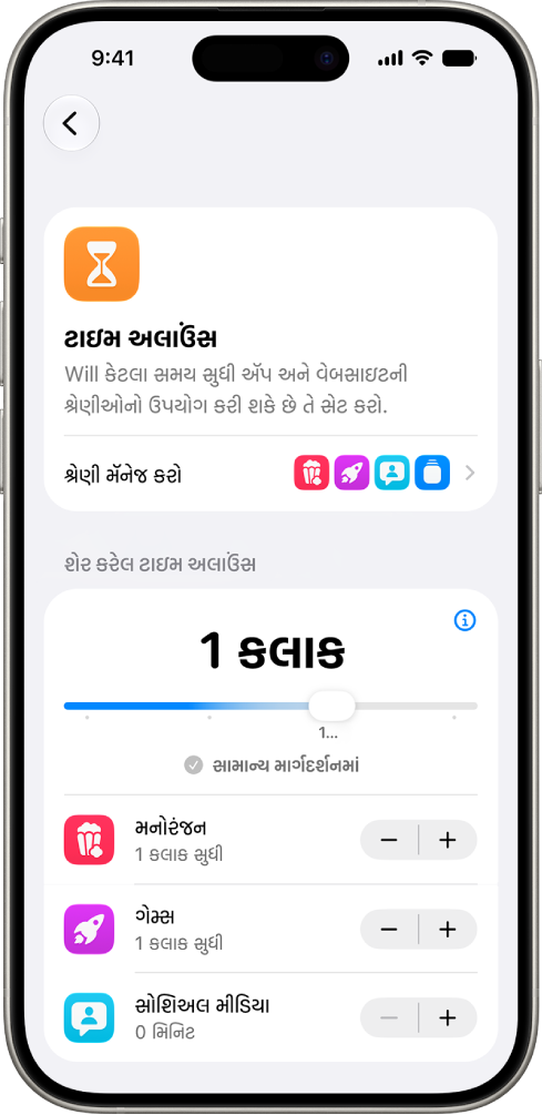 સ્ક્રીન ટાઇમ સેટિંગ્સમાં ટાઇમ અલાઉંસ સ્ક્રીન મનોરંજન, ગેમ અને સોશિઅલ મીડિયા માટે અનુમતિ પ્રાપ્ત સમયની માત્રા દર્શાવે છે.