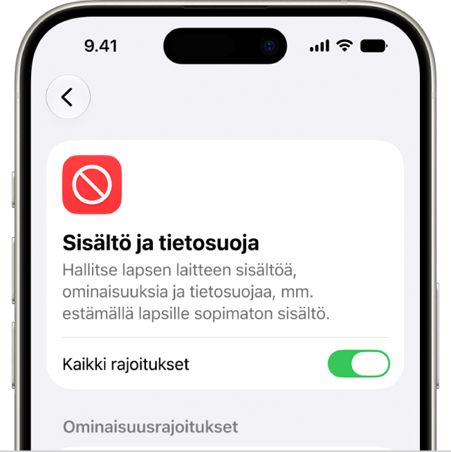 Sisältö ja tietosuoja -näyttö.