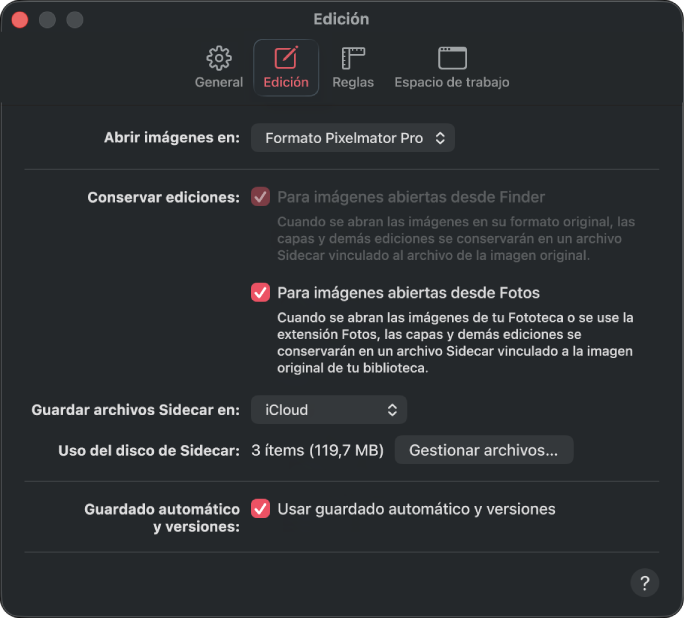 Panel de ajustes de Edición.