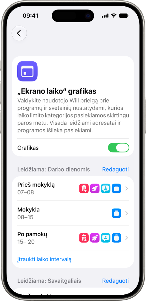 „Ekrano laiko“ nustatymų ekranas „Ekrano laiko“ grafikas“, kuriame rodomas darbo dienų tvarkaraštis su laiko intervalais „Prieš pamokas“, „Per pamokas“ ir „Po pamokų“.