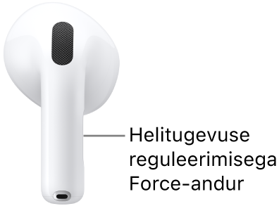Juhtmeta laadimisümbrisega AirPods 5 helitugevuse reguleerimisega Force-anduri asukoht mõlema AirPodi varrel.