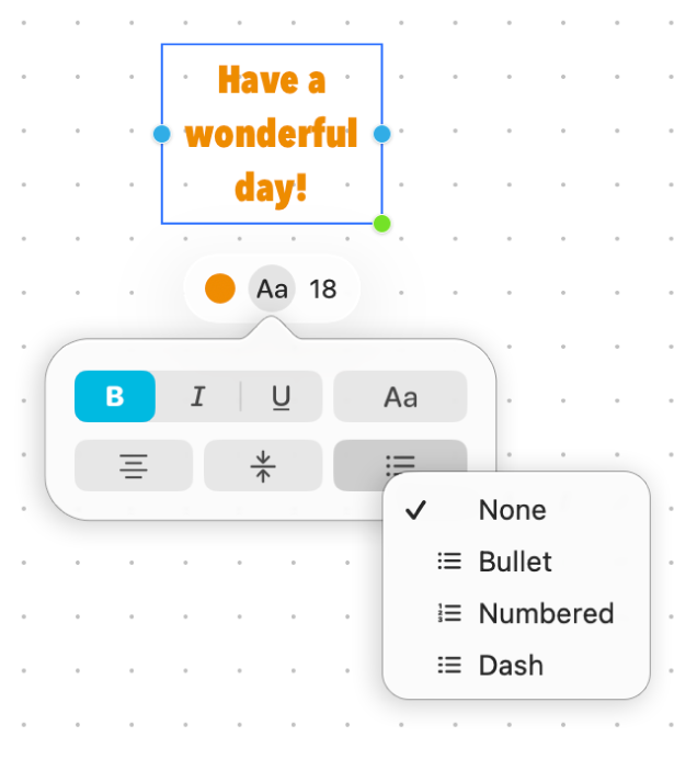 תיבת מלל שנבחרה עם כלי העיצוב.