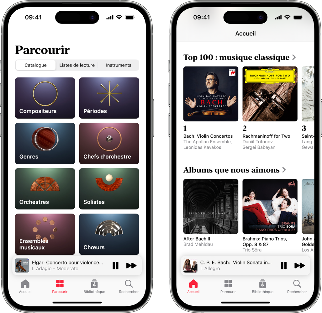 Deux iPhone présentant différentes façons de rechercher de la musique classique.Le premier montre l’onglet Parcourir où vous pouvez parcourir le catalogue, les listes de lecture et les instruments.Le second affiche l’onglet Accueil avec, en haut, les albums les plus écoutés, le Top 100 classique.