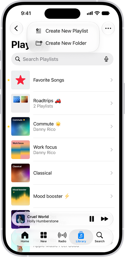 La pestaña Biblioteca mostrando la lista de playlists. En la parte superior hay botones para crear una nueva playlist o crear una carpeta nueva.