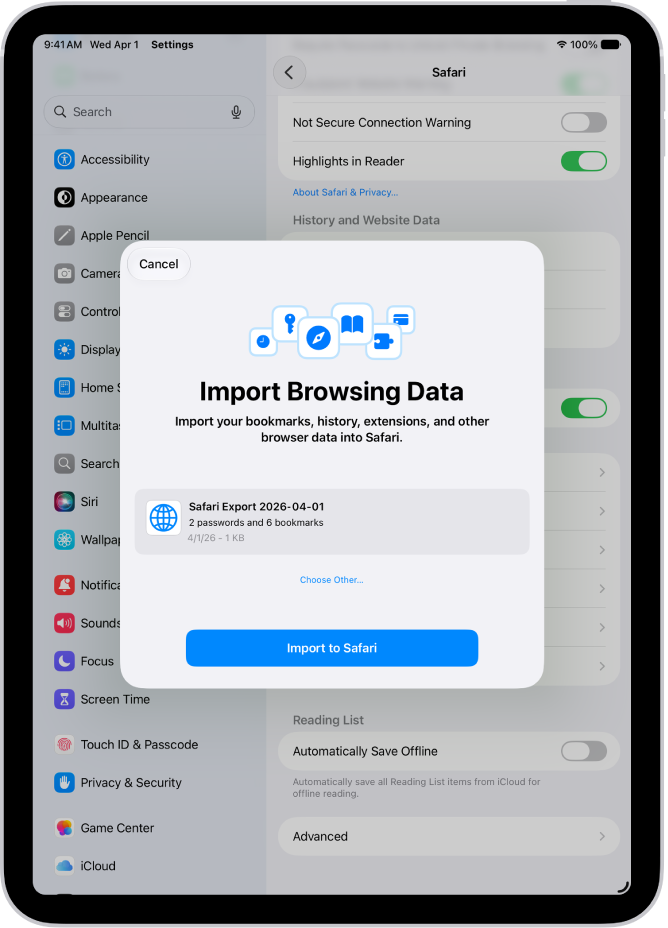 Ekrāns Import Browsing Data, kurā redzams CSV fails ar parolēm no cita paroļu pārvaldnieka.