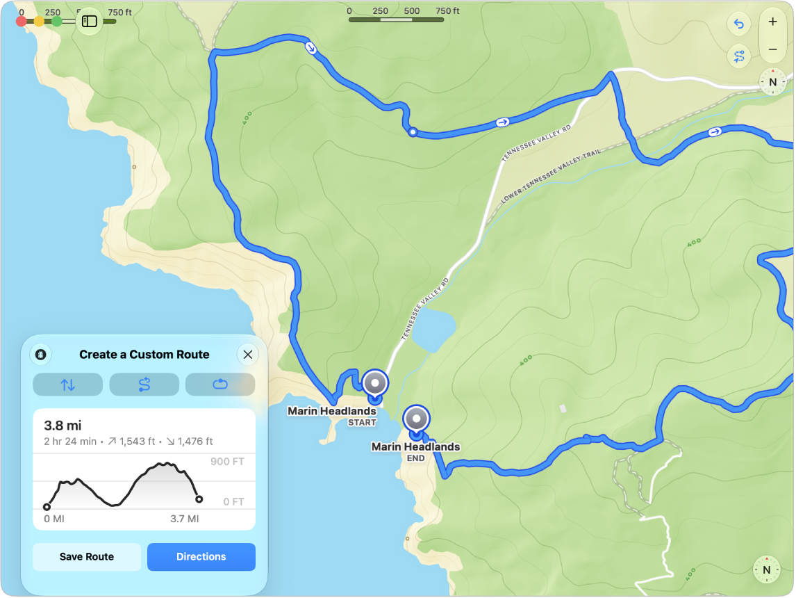 A map of a customized hiking route, with buttons to reverse or complete the hike, total length in distance and time, and elevation gain and loss.