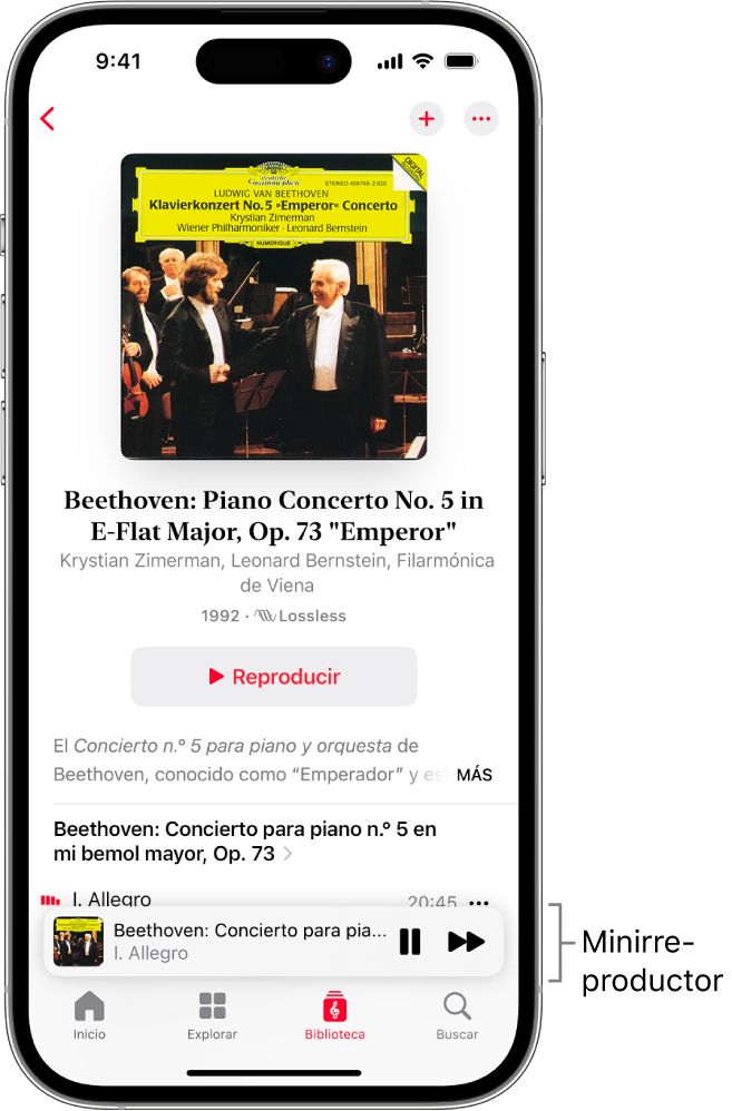 Un iPhone mostrando el minirreproductor en Apple Music Classical. En la parte superior de la pantalla se encuentra la ilustración del álbum, el nombre de la pieza y el botón Reproducir. El minirreproductor está cerca de la parte inferior de la pantalla. Debajo del mini reproductor están los botones Inicio, Explorar, Biblioteca y Buscar.