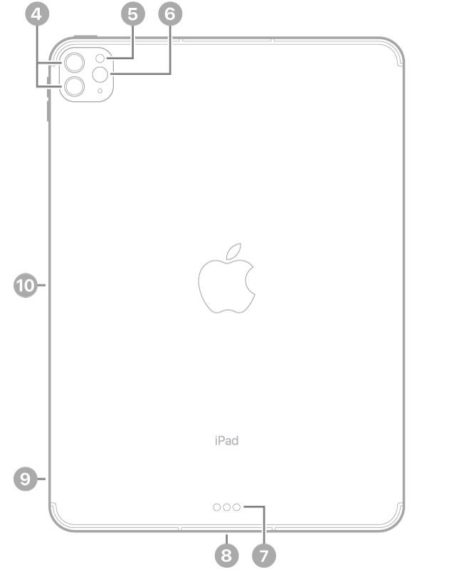 Vista posterior del iPad&nbsp;Pro con textos que indican la ubicación de las cámaras traseras y el flash en la parte superior izquierda, el Smart Connector y el conector Thunderbolt/USB 4 en la parte inferior central, la bandeja de la tarjeta SIM (Wi-Fi + Cellular) abajo a la izquierda y el conector magnético para el Apple&nbsp;Pencil a la izquierda.