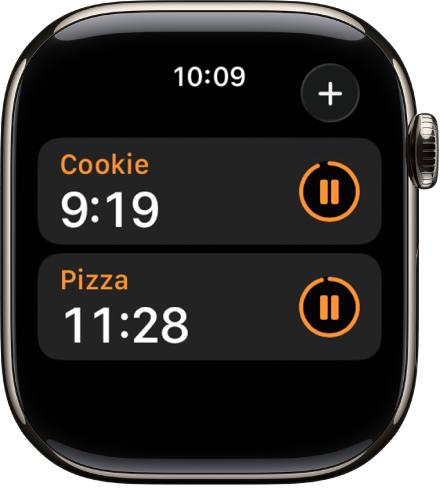 Two timers in the Timers app. Each timer shows the remaining time below the timer’s name and a pause button to the right. An Add button is at the top right.